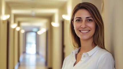 Obraz premium Smiling female hotel receptionist in a hallway looking at camera. Copy space.
