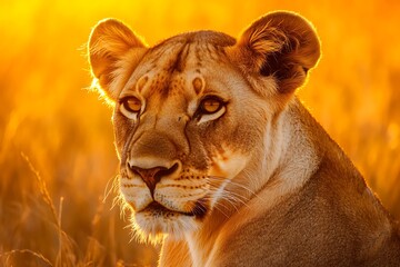 Obraz premium Serengeti Lion Close Up Portrait at Sunset in Africa, African Wildlife of Lioness in Serengeti National Park in Beautiful Golden Orange Backlit Sunlight Sun Light Backlight, Lions on Tanzania