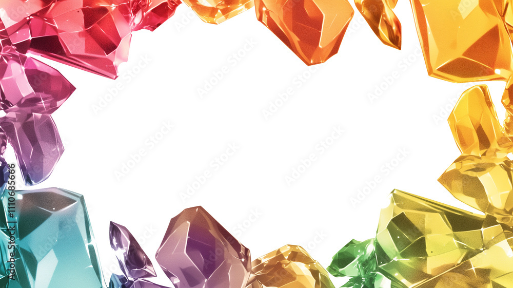 Poster colorful, faceted gemstones form vibrant frame on white background, creating magical and enchanting 