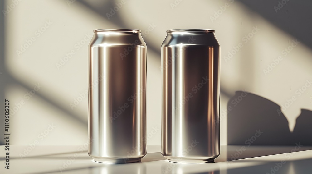 Poster two shiny metallic cans positioned on a surface, casting shadows in soft light.