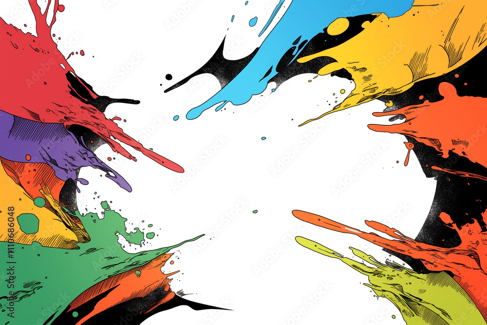 Aufkleber colorful manga style rainbow paint splashes frame white background, creating vibrant and dynamic bor