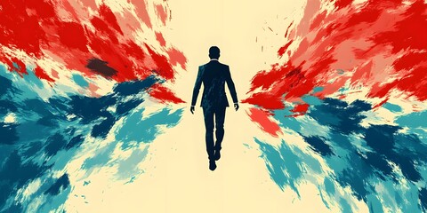 Solitary figure faces inward-pointing red and blue arrows on textured walls in a dimly lit space