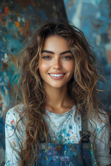 Fototapeta premium The beauty of a woman painting someone with a smile on their face. A painting of chaos, multicolor, chaos art, and maximalism art. The person in the painting appears to be very happy and joyful.