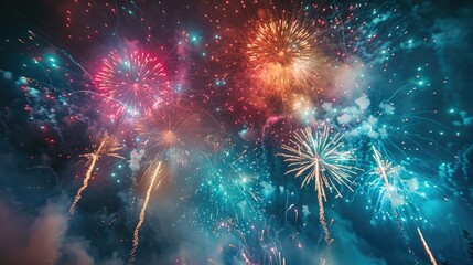 Fototapeta premium Vibrant fireworks burst in a colorful display against a dark sky, celebrating an occasion.