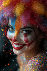 The beauty of a woman painting someone with a smile on their face. A painting of chaos, multicolor, chaos art, and maximalism art. The person in the painting appears to be very happy and joyful.