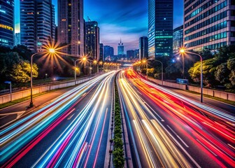 Fototapeta premium Dynamic Road Traffic Motion Blur at Night Capturing Car Light Trails in Urban Setting for Stunning Product Photography Display