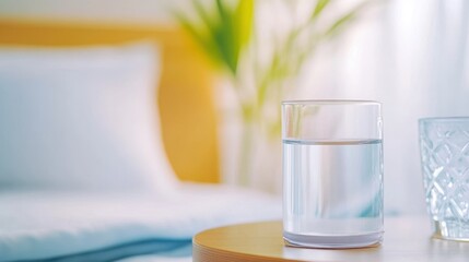 Close up of an Inhaler and a Glass of Water on a Bedside Table in a Cozy Bedroom Setting