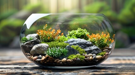 A beautifully arranged terrarium featuring vibrant plants, rocks, and natural elements.
