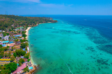 Aerial view Phi Phi island from drone in province of Krabi, travel landmark of Thailand. Tropical paradise with turquoise sea and white beach