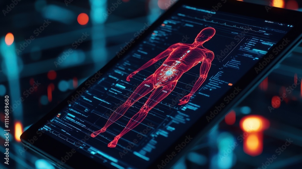 Poster futuristic display of a human body scan showcasing digital anatomy with glowing elements and data vi