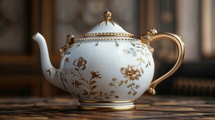A beautifully designed porcelain teapot with gold accents and floral patterns, resting on a table.