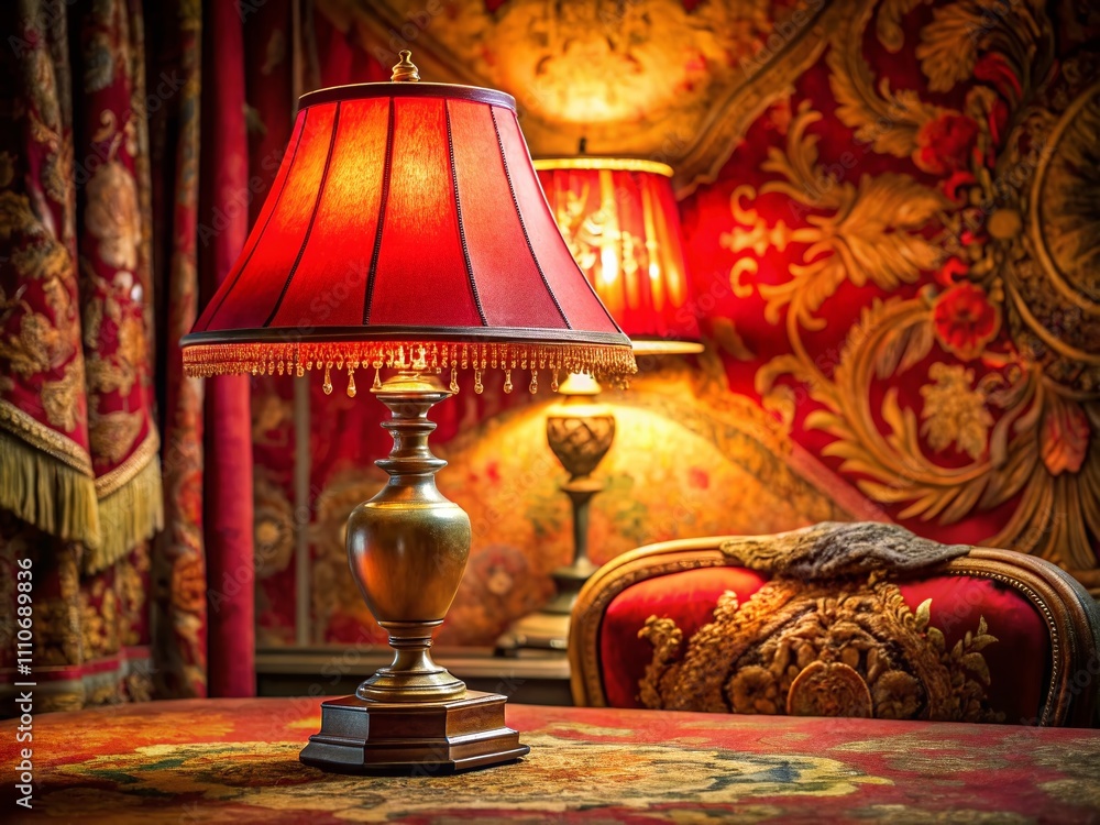Aufkleber elegant bedside lamp on a low table in front of a rich red tapestry, creating a warm and inviting at