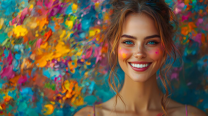 The beauty of a woman painting someone with a smile on their face. A painting of chaos, multicolor, chaos art, and maximalism art. The person in the painting appears to be very happy and joyful.