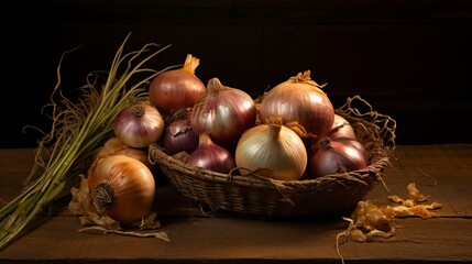 A photo of a rustic arrangement of freshly picked onion