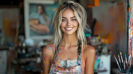 The beauty of a woman painting someone with a smile on their face. A painting of chaos, multicolor, chaos art, and maximalism art. The person in the painting appears to be very happy and joyful.