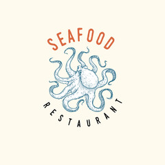 Seafood cover design template. Octopus in hand drawn sketch style. Best for nautical and marine designs. Vector illustration.