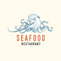 Seafood cover design template. Octopus in hand drawn sketch style. Best for nautical and marine designs. Vector illustration.
