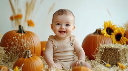 Little baby playing with Fall decorations in studio settings