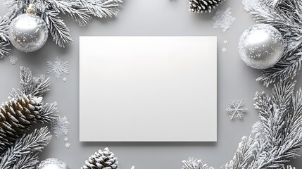 Blank mockup template of an invitation card framed by sparkling silver ornaments, icy pinecones, and snow-dusted branches for a holiday-themed look.
