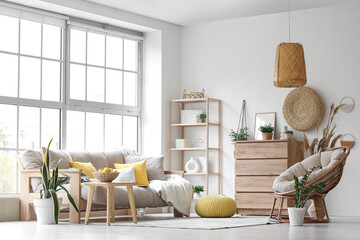 Interior of light living room with couch, armchair and commode