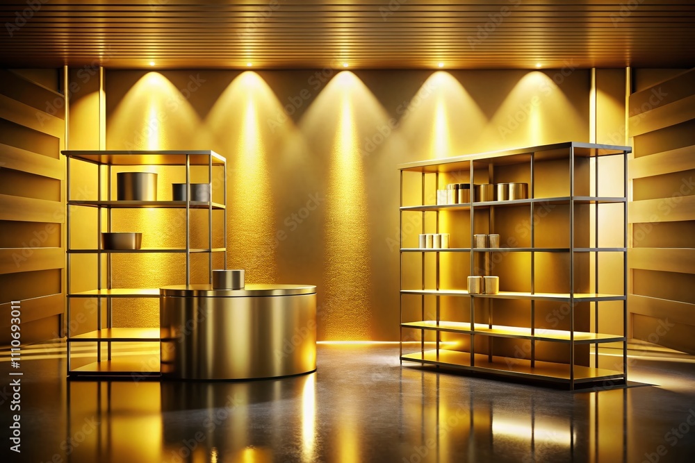 Poster elegant golden product display counter shelves with abstract backdrop and shadows in a modern luxury