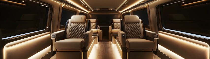 Refined van interior with sleek finishes and plush seating. Spacious design and soft lighting for a luxurious travel experience.