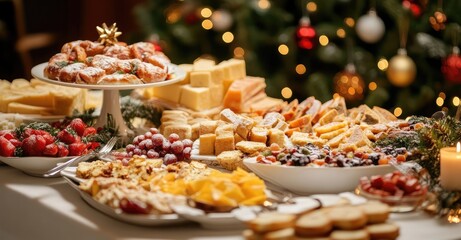 Fototapeta premium Christmas Dinner Table with Festive Dishes. AI generated illustration.