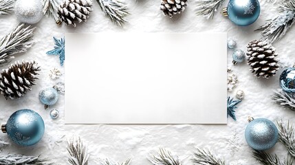 Blank mockup template of an invitation card bordered by icy pinecones, shimmering ornaments, and soft snow on a textured white surface.