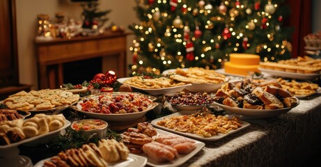 Christmas Dinner Table with Festive Dishes. AI generated illustration.