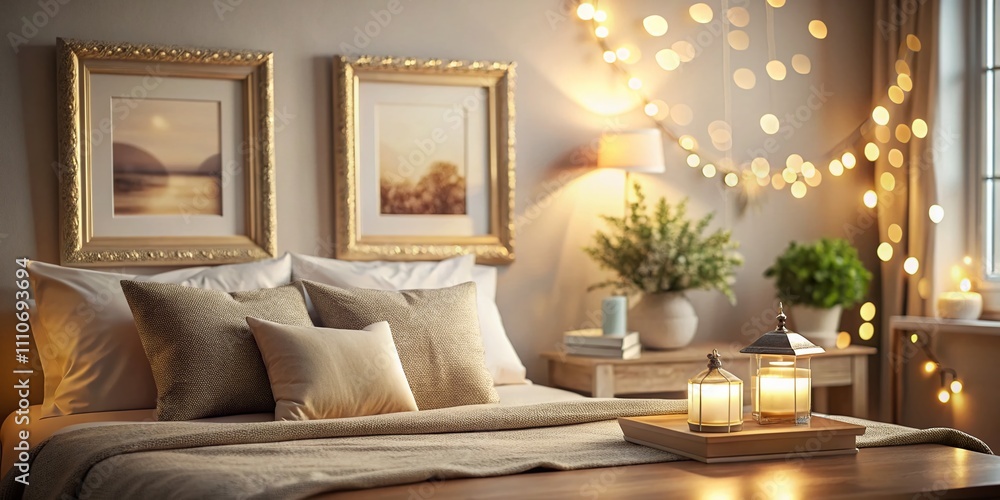 Poster elegant interior design featuring an empty picture frame mockup on the wall above the bed with soft 