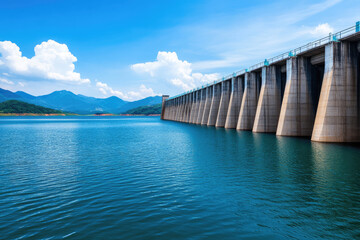 A stunning view of a dam surrounded by mountains and a clear blue sky.