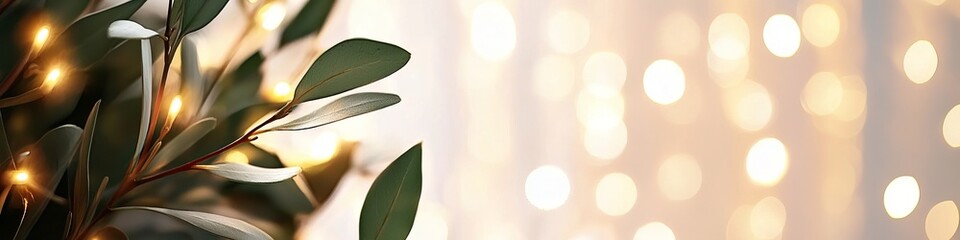 Obraz premium A close-up of green leaves adorned with warm, glowing lights on a softly blurred background.