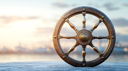 Obraz premium Wooden ship wheel at sunset, nautical concept.
