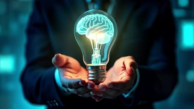 AI brain in glowing light bulb, Artificial intelligence, chat bot, machine learning concept,