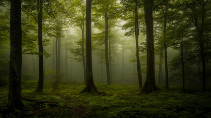 Fototapeta premium Misty forest with morning fog and ancient trees, creating a serene and atmospheric woodland scene