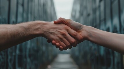 A handshake between two people symbolizes agreement, connection, and collaboration, set against a backdrop of industrial storage or containers.