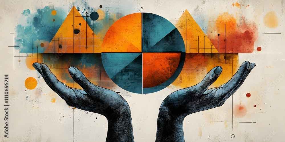 Poster artistic hands holding pie chart with abstract geometric patterns and vibrant color