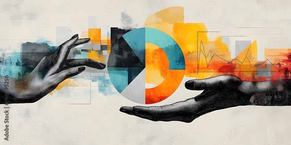 Poster abstract hands interacting with vibrant pie chart and geometric pattern on creative background