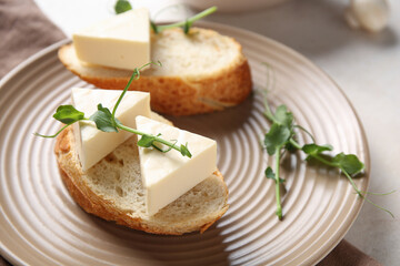 Plate with bread, triangles of tasty processed cheese and micro green on light table, closeup