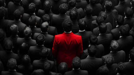 Obraz premium think different, man in a red suit stands out from the crowd of black suits. 