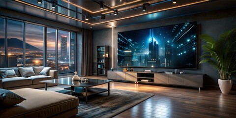 Living Room with Neon Ambience and Large High-Tech Display Screen