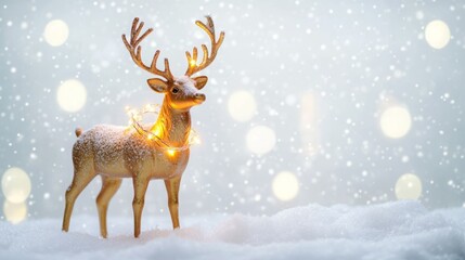 Golden reindeer figurine in a snowy winter scene, adorned with fairy lights. Festive and magical!