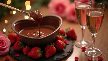 Romantic chocolate fondue with strawberries and champagne