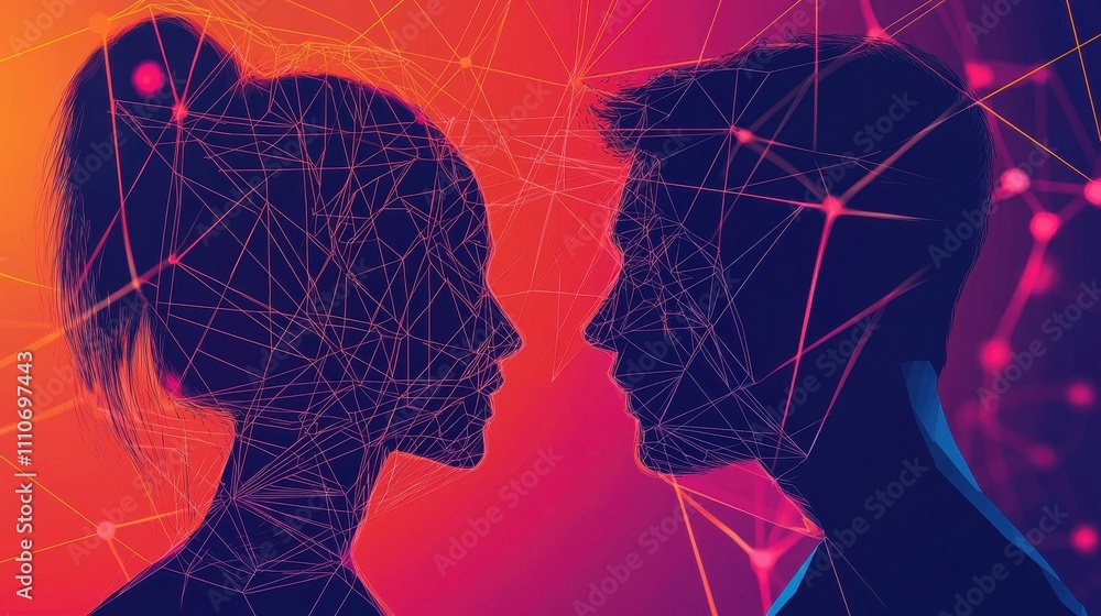 Poster engaging visual representation of connection between two individuals with abstract lines and colors