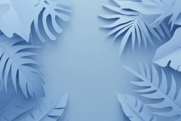 Blue background with tropical leaves in paper cut style, minimalist design.
