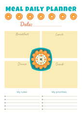 Daily meal plan template with decorative element in the form of a clock with orange circles around the dial. Vertical A4 format