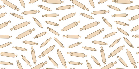 Rolling pin for dough, cooking, homemade baking. Seamless pattern. Hand drawn, doodle. Repeating vector background.