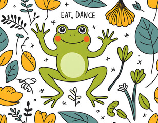 Happy frog amidst floral pattern