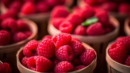 A photo of baskets of farm-fresh raspberries for sale