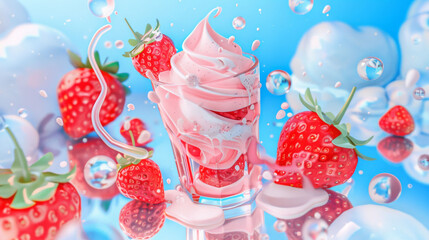 Delicious strawberry cream dessert in glass, surrounded by fresh strawberries and playful bubbles, creating joyful and refreshing atmosphere